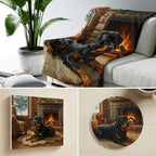 Rottweiler By the Fire gift set: canvas, sherpa blanket and coaster in one painting