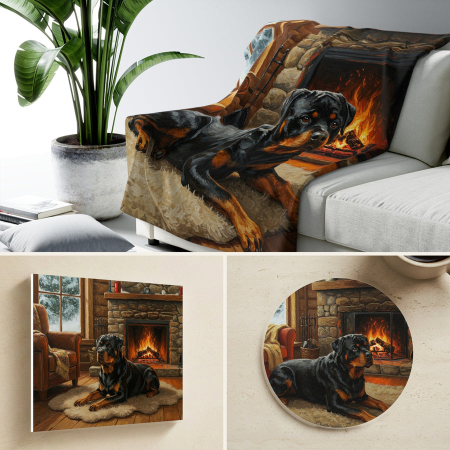 Rottweiler By the Fire gift set: canvas, sherpa blanket and coaster in one painting