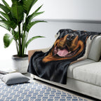 Rottweiler Oil Portrait sherpa blanket by Tritan, on sofa
