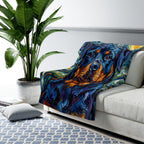 Rottweiler Post-Impressionist sherpa blanket by Tritan, on sofa