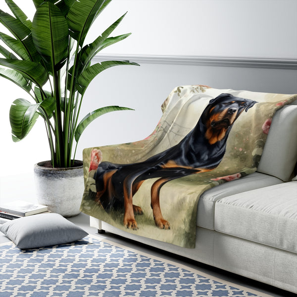 Rottweiler Watercolor Cottage Garden Throw Blanket | Premium Dog Prints | Tritan — Lifestyle View