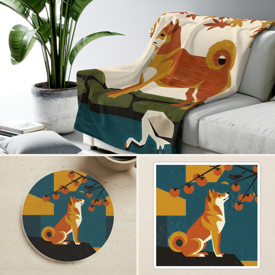 Shiba Inu Retro Autumn cozy gift set: sherpa fleece blanket, cork-back coaster, and vinyl sticker