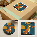 Shiba Inu Retro Autumn stocking stuffer gift set: round cork-back coaster and two 3x3 vinyl stickers