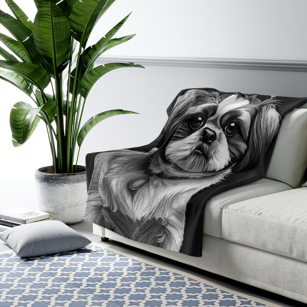 Shih Tzu Charcoal Portrait Sherpa Fleece Blanket | Dog Lover Gift — Lifestyle View