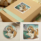Shih Tzu Japanese Print stocking stuffer gift set: round cork-back coaster and two 3x3 vinyl stickers