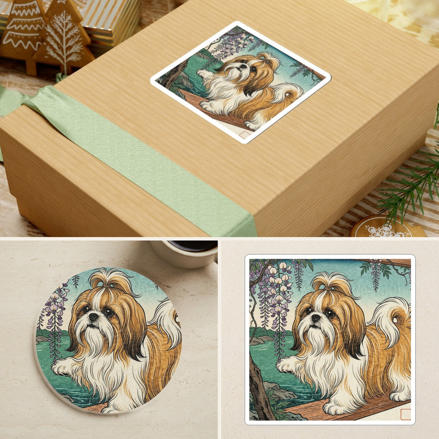 Shih Tzu Japanese Print stocking stuffer gift set: round cork-back coaster and two 3x3 vinyl stickers