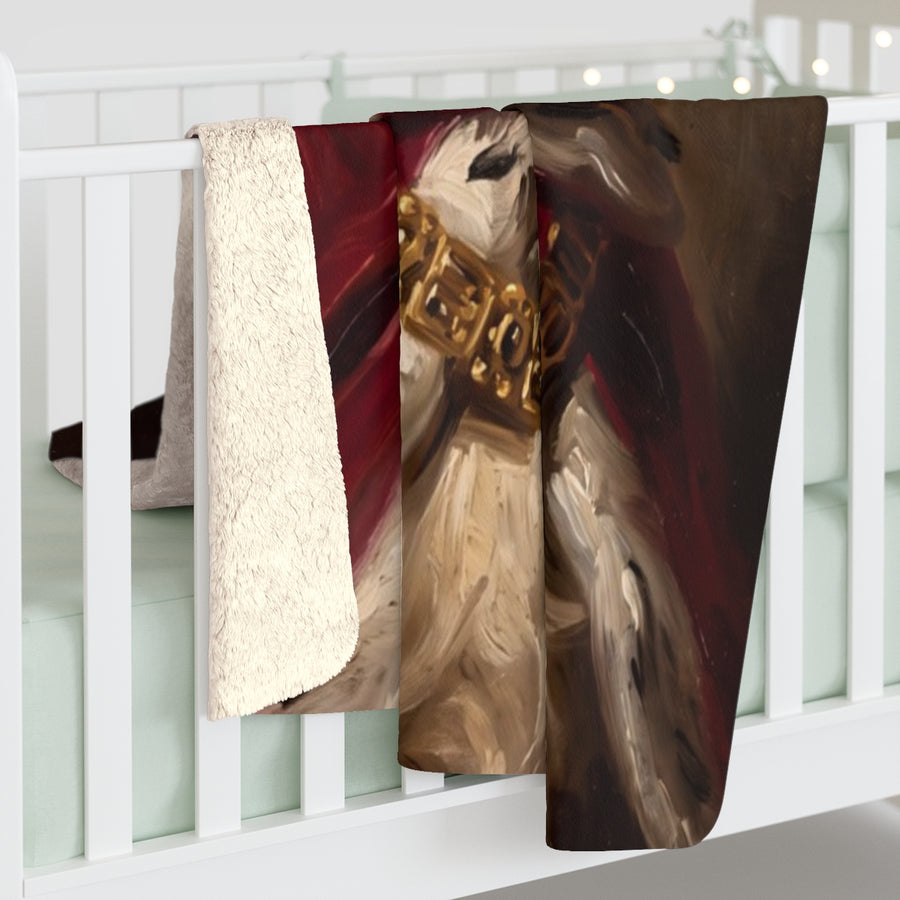 Shih Tzu Kings & Queens sherpa blanket by Tritan, on bed
