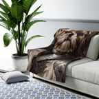 Shih Tzu Medieval Knight sherpa blanket by Tritan, on sofa
