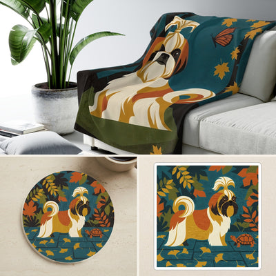 Shih Tzu Retro Autumn Cozy Gift Set | Sherpa Blanket, Coaster & Sticker | Tritan