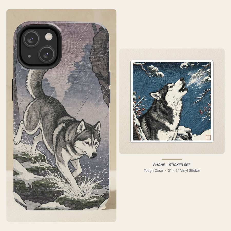 Siberian Husky Japanese Print phone and sticker gift set: dual-layer iPhone 15 Pro tough case and 3x3 vinyl sticker