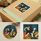 Siberian Husky Retro Autumn stocking stuffer gift set: round cork-back coaster and two 3x3 vinyl stickers
