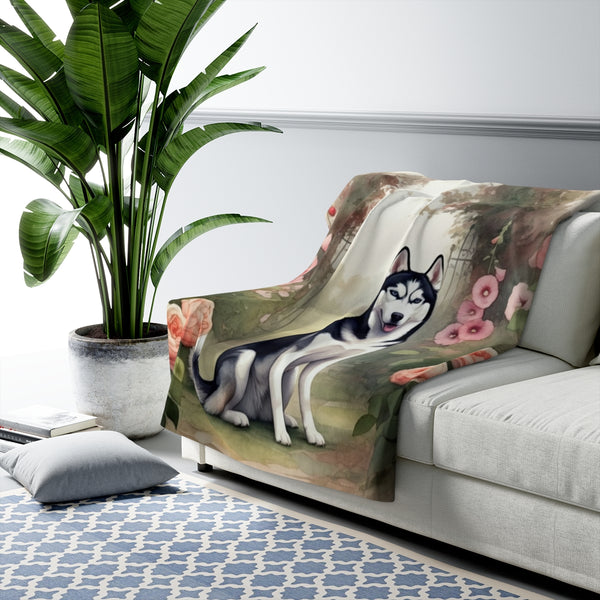 Siberian Husky Watercolor Cottage Garden Throw Blanket | Premium Dog Prints | Tritan — Lifestyle View