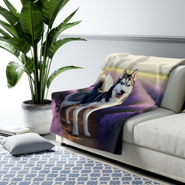 Siberian Husky Watercolor Lavender Fields Throw Blanket | Premium Dog Prints | Tritan — Lifestyle View