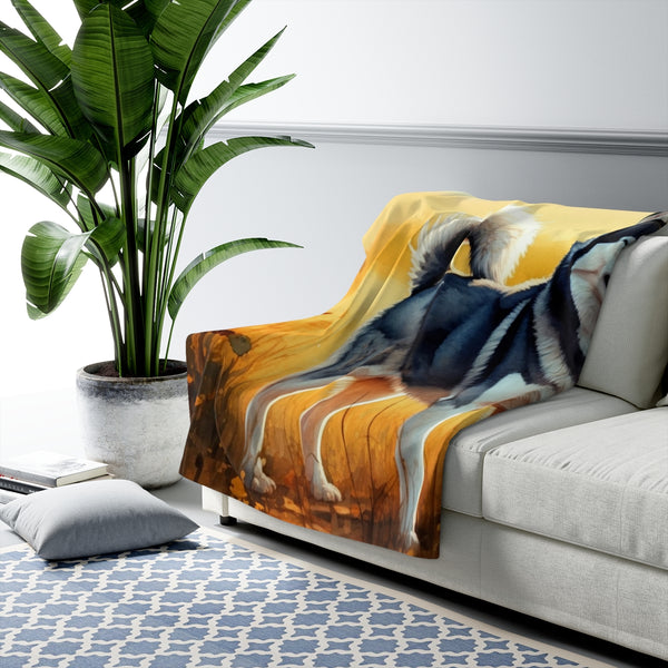 Siberian Husky Watercolor Meadow Golden Throw Blanket | Premium Dog Prints | Tritan — Lifestyle View
