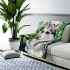 Siberian Husky Watercolor sherpa blanket by Tritan, on sofa