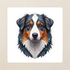 Australian Shepherd Low Poly Kiss-Cut Sticker, Geometric Dog Art, Australian Shepherd Lover Gift, Waterproof Vinyl kiss-cut vinyl sticker applied to a journal cover on a limestone desk, photographed from directly above