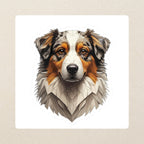 Australian Shepherd Low Poly Kiss-Cut Sticker, Geometric Dog Art, Australian Shepherd Lover Gift, Waterproof Vinyl kiss-cut vinyl sticker applied to a journal cover on a limestone desk, photographed from directly above