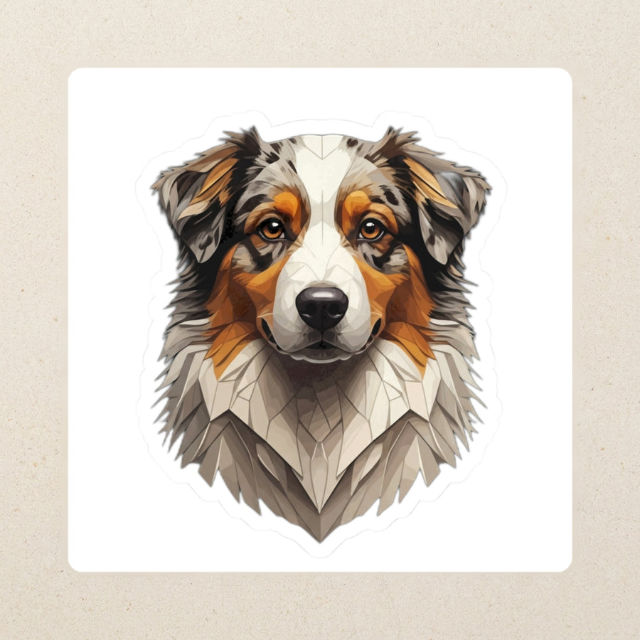 Australian Shepherd Low Poly Kiss-Cut Sticker, Geometric Dog Art, Australian Shepherd Lover Gift, Waterproof Vinyl kiss-cut vinyl sticker applied to a journal cover on a limestone desk, photographed from directly above
