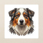 Australian Shepherd Low Poly Kiss-Cut Sticker, Geometric Dog Art, Australian Shepherd Lover Gift, Waterproof Vinyl kiss-cut vinyl sticker applied to a journal cover on a limestone desk, photographed from directly above