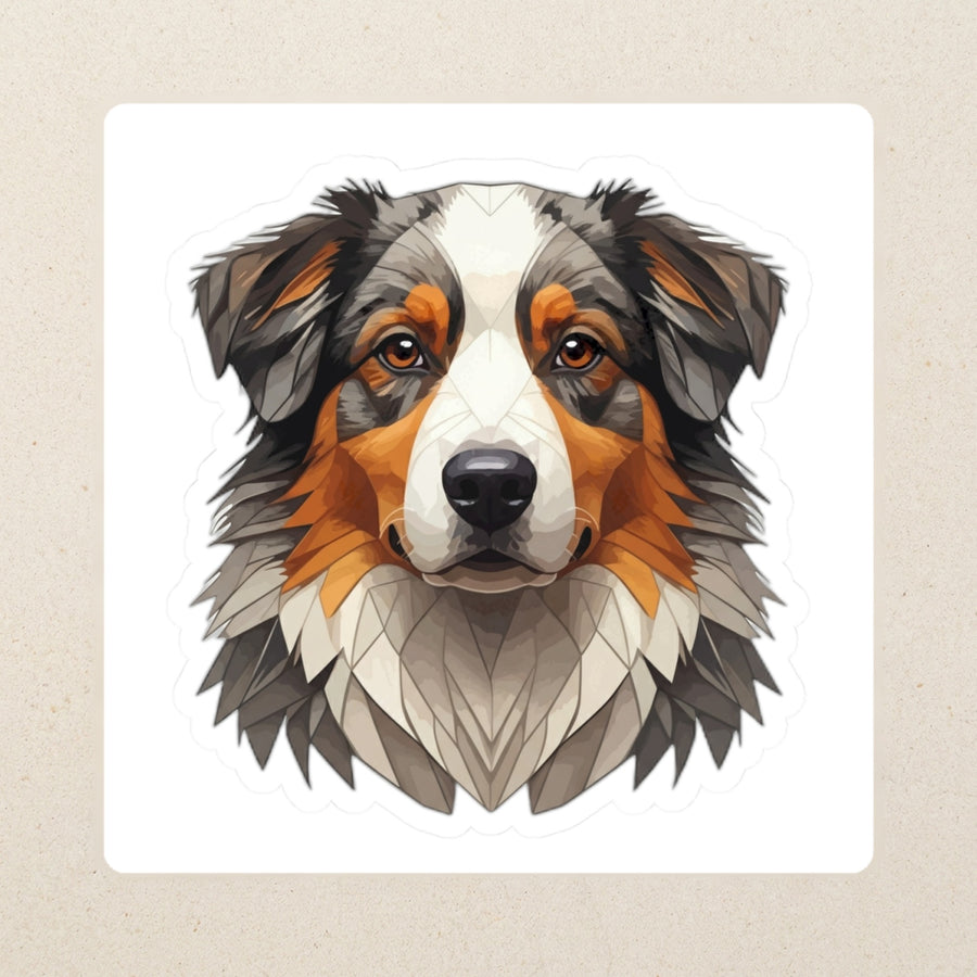 Australian Shepherd Low Poly Kiss-Cut Sticker, Geometric Dog Art, Australian Shepherd Lover Gift, Waterproof Vinyl kiss-cut vinyl sticker applied to a journal cover on a limestone desk, photographed from directly above
