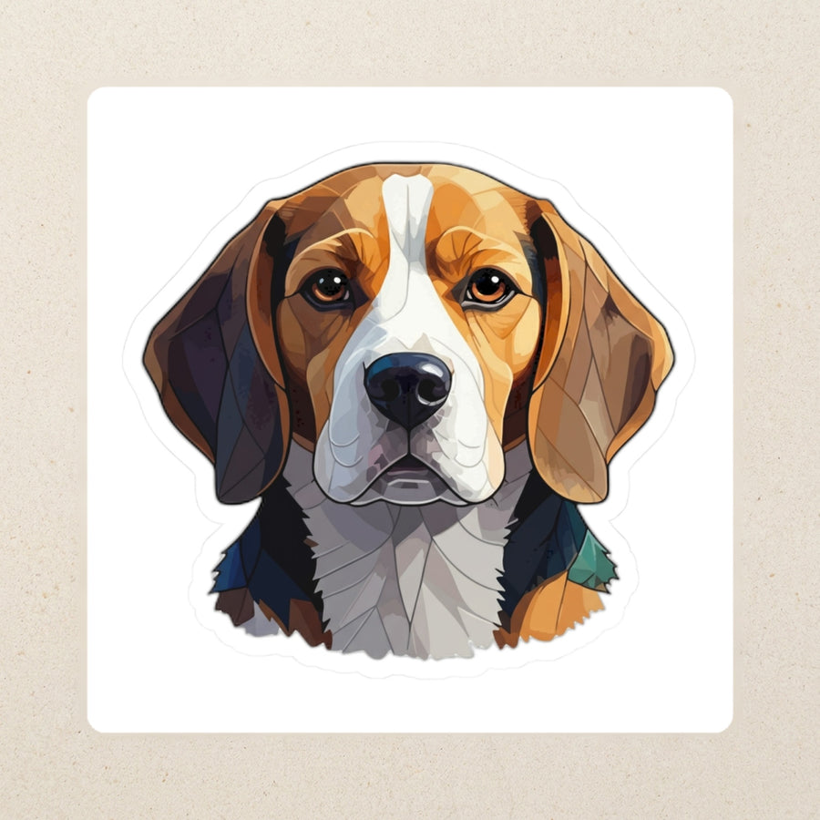 Beagle Low Poly Kiss-Cut Sticker, Geometric Dog Art, Beagle Lover Gift, Waterproof Vinyl kiss-cut vinyl sticker applied to a journal cover on a limestone desk, photographed from directly above