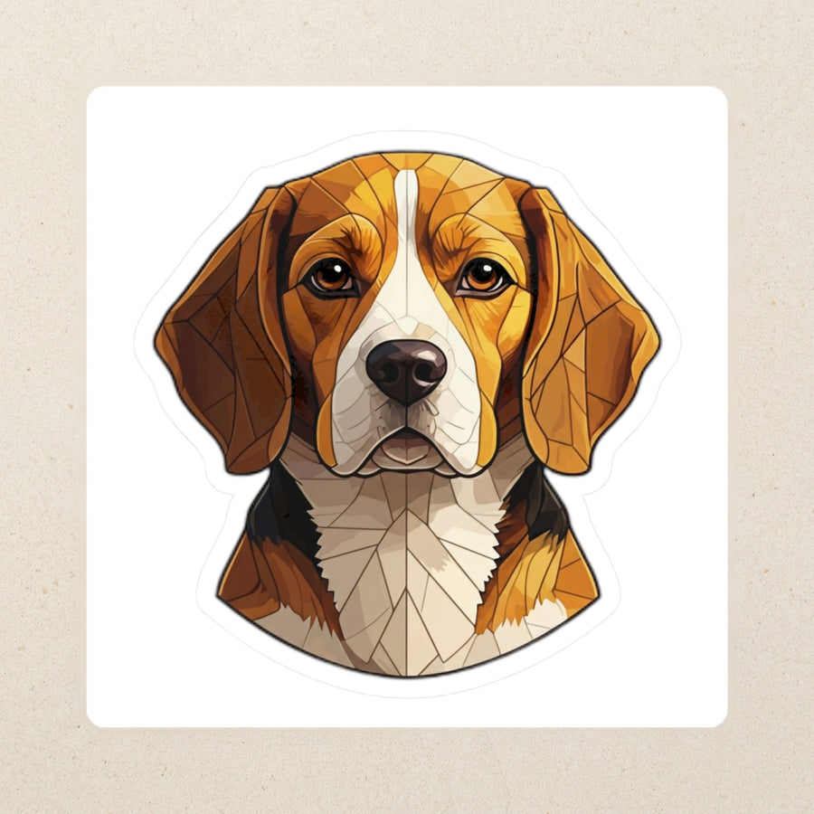 Beagle Low Poly Kiss-Cut Sticker, Geometric Dog Art, Beagle Lover Gift, Waterproof Vinyl kiss-cut vinyl sticker applied to a journal cover on a limestone desk, photographed from directly above
