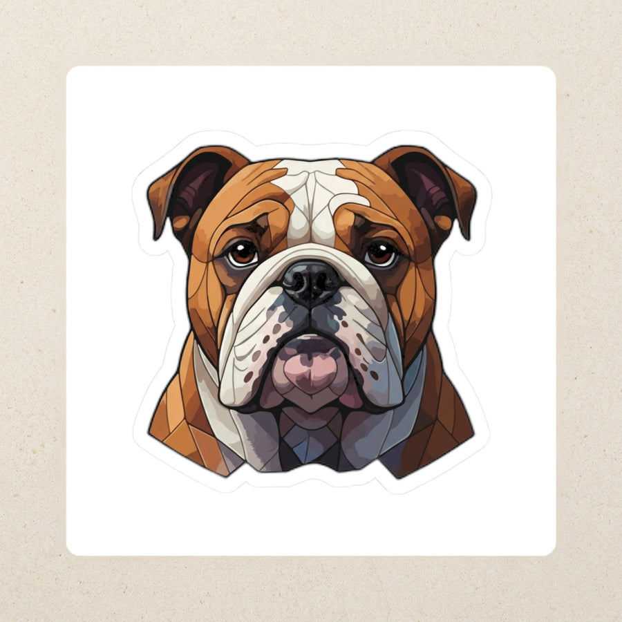 English Bulldog Low Poly Kiss-Cut Sticker, Geometric Dog Art, English Bulldog Lover Gift, Waterproof Vinyl kiss-cut vinyl sticker applied to a journal cover on a limestone desk, photographed from directly above