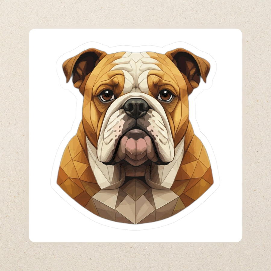 English Bulldog Low Poly Kiss-Cut Sticker, Geometric Dog Art, English Bulldog Lover Gift, Waterproof Vinyl kiss-cut vinyl sticker applied to a journal cover on a limestone desk, photographed from directly above