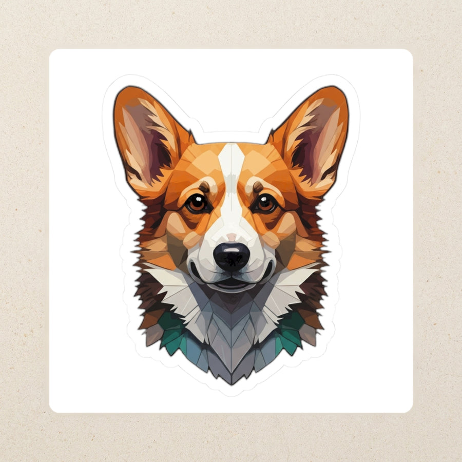 Corgi Low Poly Kiss-Cut Sticker, Geometric Dog Art, Corgi Lover Gift, Waterproof Vinyl kiss-cut vinyl sticker applied to a journal cover on a limestone desk, photographed from directly above