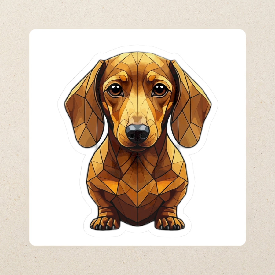 Dachshund Low Poly Kiss-Cut Sticker, Geometric Dog Art, Dachshund Lover Gift, Waterproof Vinyl kiss-cut vinyl sticker applied to a journal cover on a limestone desk, photographed from directly above