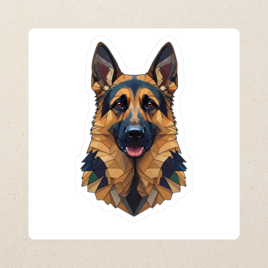 German Shepherd Low Poly Kiss-Cut Sticker, Geometric Dog Art, German Shepherd Lover Gift, Waterproof Vinyl kiss-cut vinyl sticker applied to a journal cover on a limestone desk, photographed from directly above