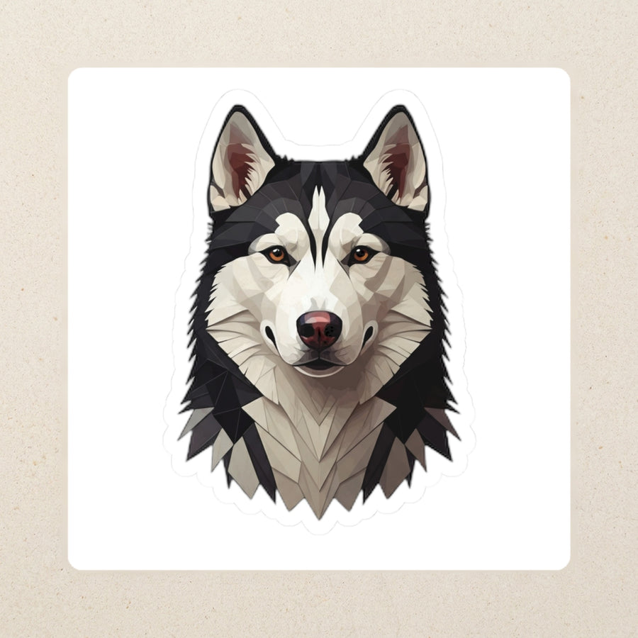 Siberian Husky Low Poly Kiss-Cut Sticker, Geometric Dog Art, Siberian Husky Lover Gift, Waterproof Vinyl kiss-cut vinyl sticker applied to a journal cover on a limestone desk, photographed from directly above