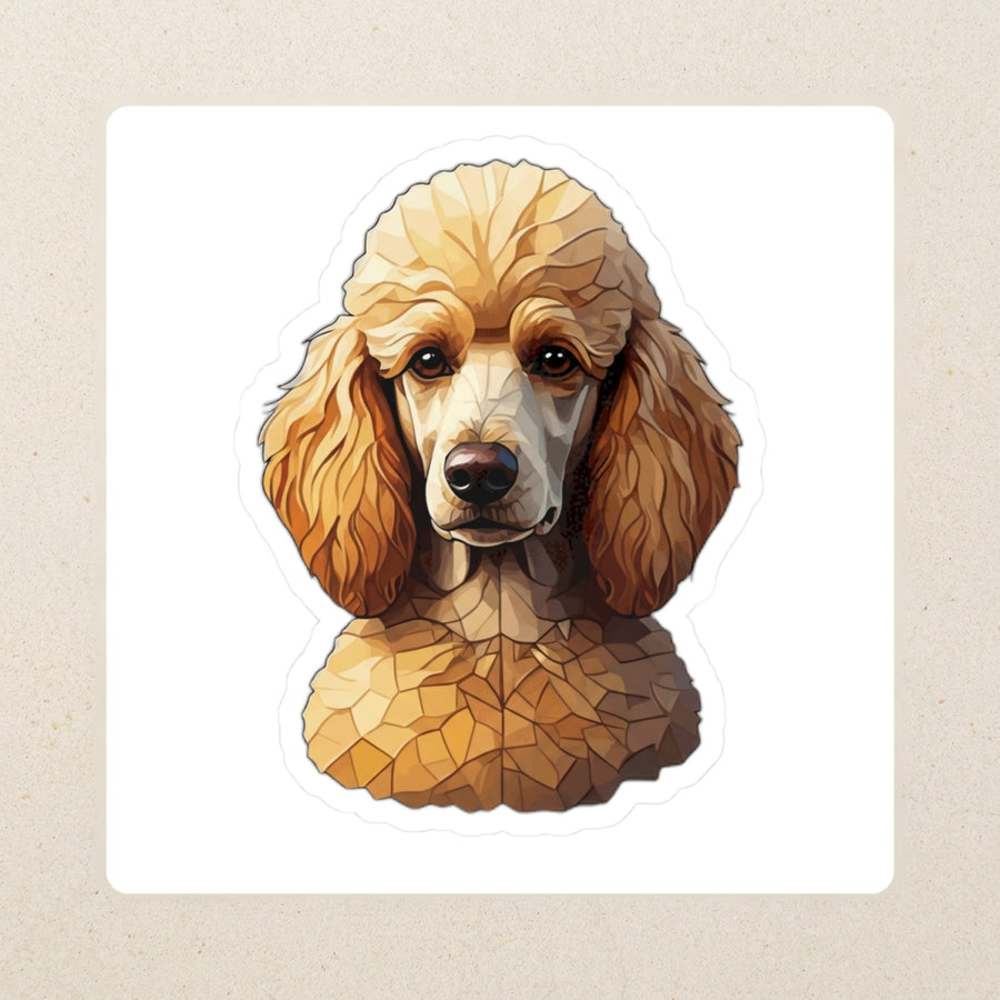 Poodle Low Poly Kiss-Cut Sticker, Geometric Dog Art, Poodle Lover Gift, Waterproof Vinyl kiss-cut vinyl sticker applied to a journal cover on a limestone desk, photographed from directly above