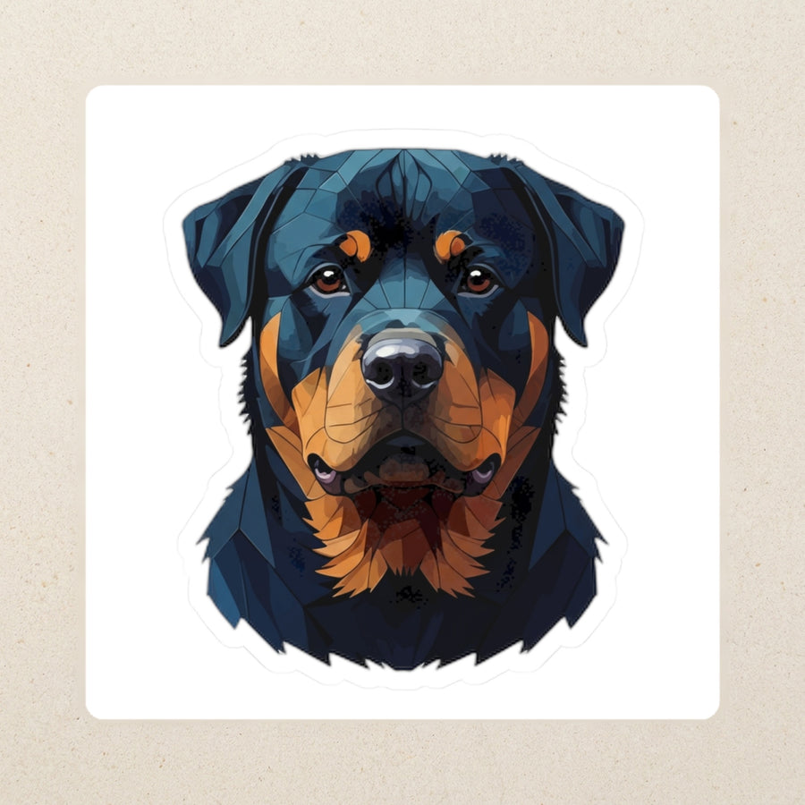 Rottweiler Low Poly Kiss-Cut Sticker, Geometric Dog Art, Rottweiler Lover Gift, Waterproof Vinyl kiss-cut vinyl sticker applied to a journal cover on a limestone desk, photographed from directly above