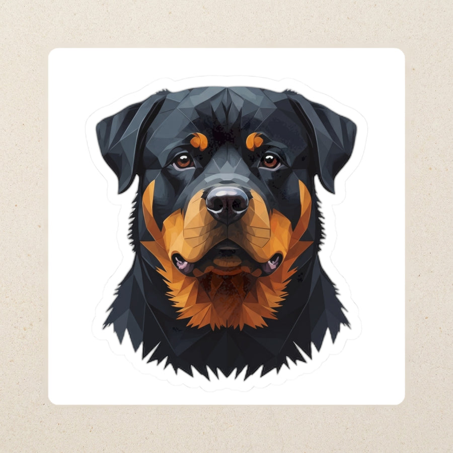 Rottweiler Low Poly Kiss-Cut Sticker, Geometric Dog Art, Rottweiler Lover Gift, Waterproof Vinyl kiss-cut vinyl sticker applied to a journal cover on a limestone desk, photographed from directly above