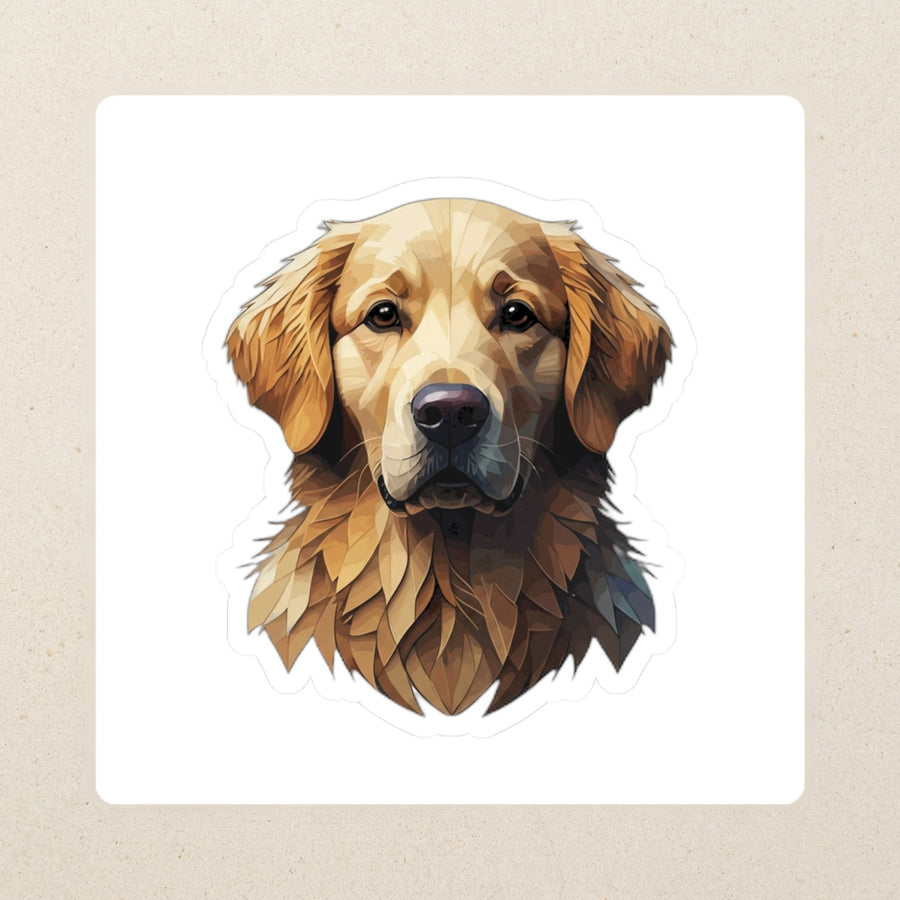 Golden Retriever Low Poly Kiss-Cut Sticker, Geometric Dog Art, Golden Retriever Lover Gift, Waterproof Vinyl kiss-cut vinyl sticker applied to a journal cover on a limestone desk, photographed from directly above