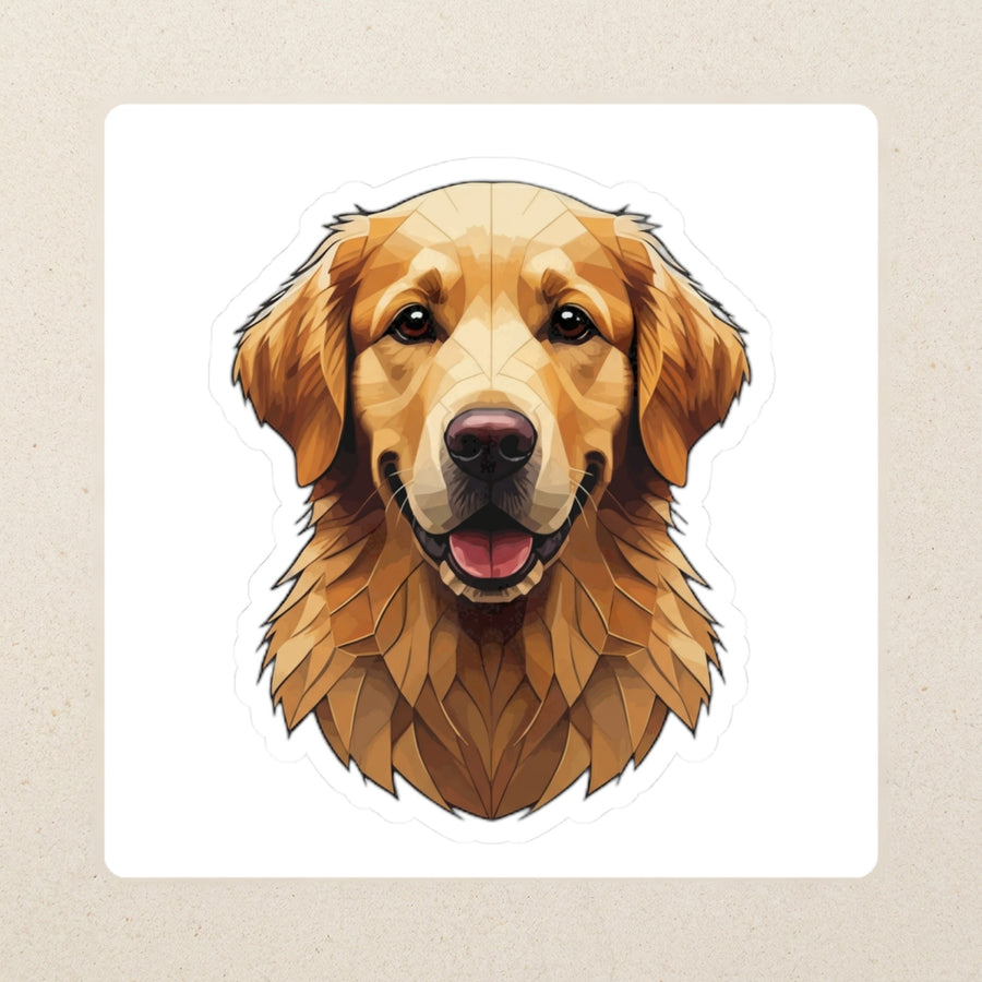 Golden Retriever Low Poly Kiss-Cut Sticker, Geometric Dog Art, Golden Retriever Lover Gift, Waterproof Vinyl kiss-cut vinyl sticker applied to a journal cover on a limestone desk, photographed from directly above