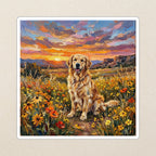 Golden Retriever Acrylic Kiss-Cut Sticker, Colorful Dog Art, Golden Retriever Lover Gift, Waterproof Vinyl kiss-cut vinyl sticker applied to a journal cover on a limestone desk, photographed from directly above