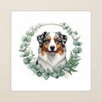 Australian Shepherd Watercolor Kiss-Cut Sticker, Soft Dog Art, Australian Shepherd Lover Gift, Waterproof Vinyl kiss-cut vinyl sticker applied to a journal cover on a limestone desk, photographed from directly above