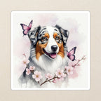 Australian Shepherd Watercolor Kiss-Cut Sticker, Soft Dog Art, Australian Shepherd Lover Gift, Waterproof Vinyl kiss-cut vinyl sticker applied to a journal cover on a limestone desk, photographed from directly above