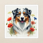 Australian Shepherd Watercolor Kiss-Cut Sticker, Soft Dog Art, Australian Shepherd Lover Gift, Waterproof Vinyl kiss-cut vinyl sticker applied to a journal cover on a limestone desk, photographed from directly above