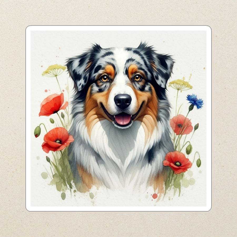 Australian Shepherd Watercolor Kiss-Cut Sticker, Soft Dog Art, Australian Shepherd Lover Gift, Waterproof Vinyl kiss-cut vinyl sticker applied to a journal cover on a limestone desk, photographed from directly above