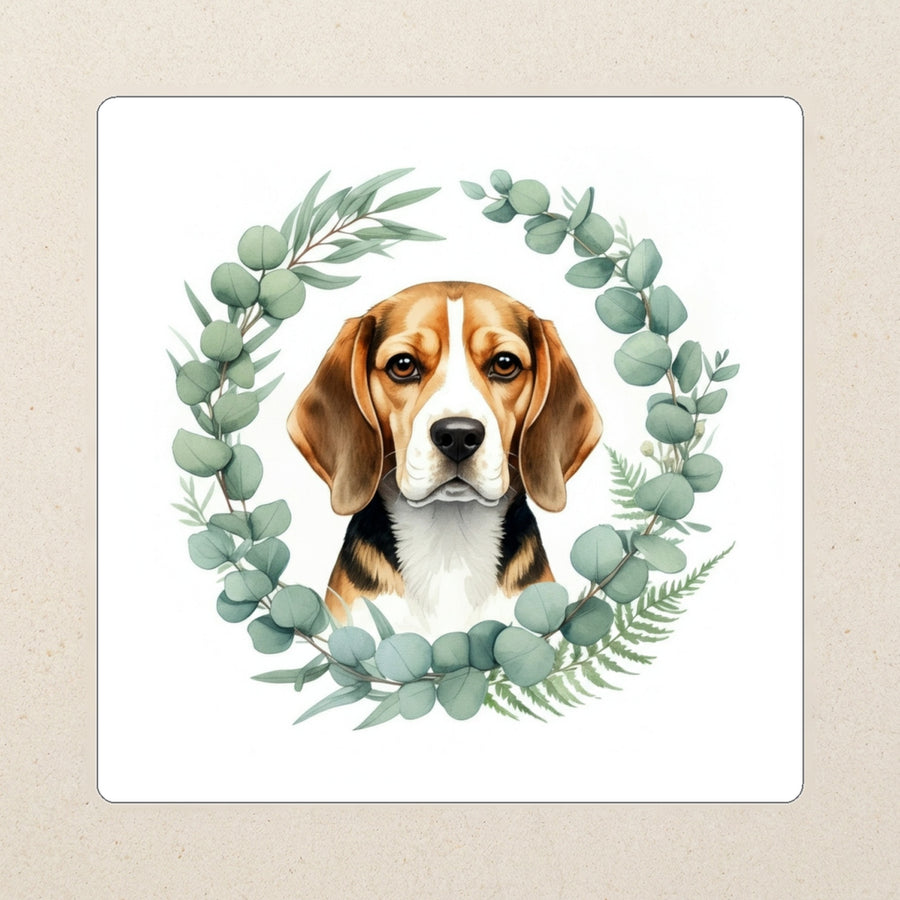 Beagle Watercolor Kiss-Cut Sticker, Soft Dog Art, Beagle Lover Gift, Waterproof Vinyl kiss-cut vinyl sticker applied to a journal cover on a limestone desk, photographed from directly above