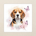 Beagle Watercolor Kiss-Cut Sticker, Soft Dog Art, Beagle Lover Gift, Waterproof Vinyl kiss-cut vinyl sticker applied to a journal cover on a limestone desk, photographed from directly above
