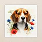 Beagle Watercolor Kiss-Cut Sticker, Soft Dog Art, Beagle Lover Gift, Waterproof Vinyl kiss-cut vinyl sticker applied to a journal cover on a limestone desk, photographed from directly above