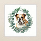 English Bulldog Watercolor Kiss-Cut Sticker, Soft Dog Art, English Bulldog Lover Gift, Waterproof Vinyl kiss-cut vinyl sticker applied to a journal cover on a limestone desk, photographed from directly above