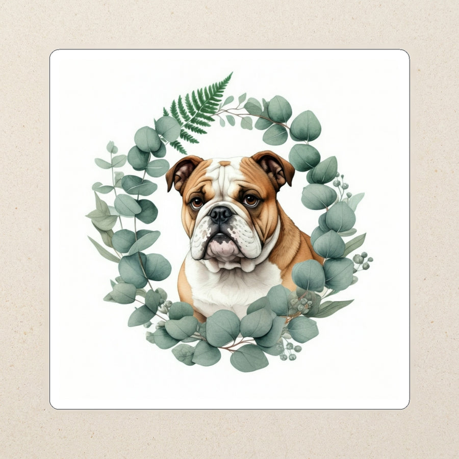 English Bulldog Watercolor Kiss-Cut Sticker, Soft Dog Art, English Bulldog Lover Gift, Waterproof Vinyl kiss-cut vinyl sticker applied to a journal cover on a limestone desk, photographed from directly above