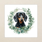Dachshund Watercolor Kiss-Cut Sticker, Soft Dog Art, Dachshund Lover Gift, Waterproof Vinyl kiss-cut vinyl sticker applied to a journal cover on a limestone desk, photographed from directly above