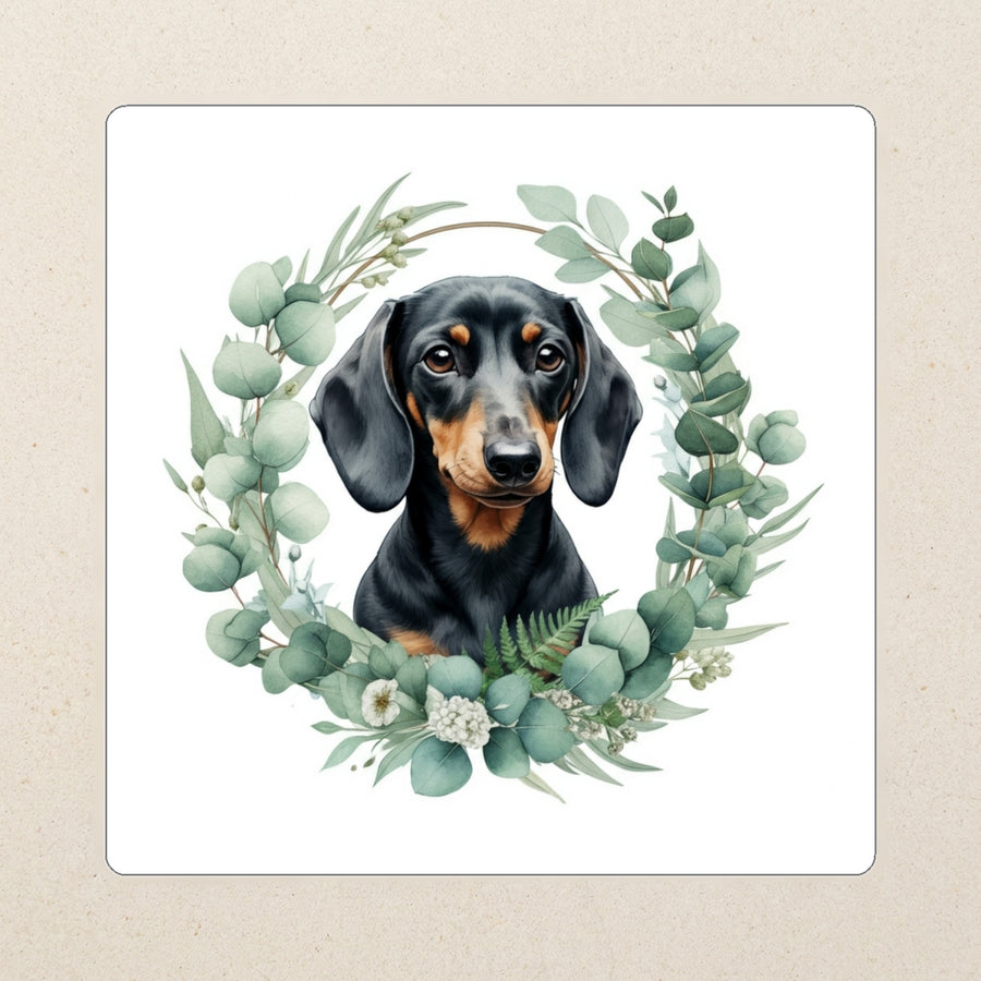 Dachshund Watercolor Kiss-Cut Sticker, Soft Dog Art, Dachshund Lover Gift, Waterproof Vinyl kiss-cut vinyl sticker applied to a journal cover on a limestone desk, photographed from directly above