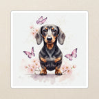 Dachshund Watercolor Kiss-Cut Sticker, Soft Dog Art, Dachshund Lover Gift, Waterproof Vinyl kiss-cut vinyl sticker applied to a journal cover on a limestone desk, photographed from directly above
